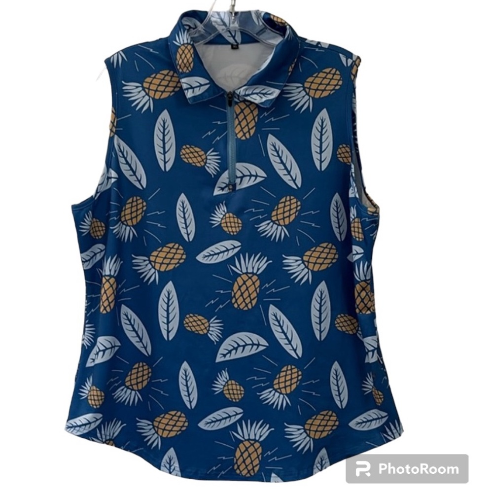 Soneven  Blue With Pineapple Print Polo Tank Top With Zipper Size XL